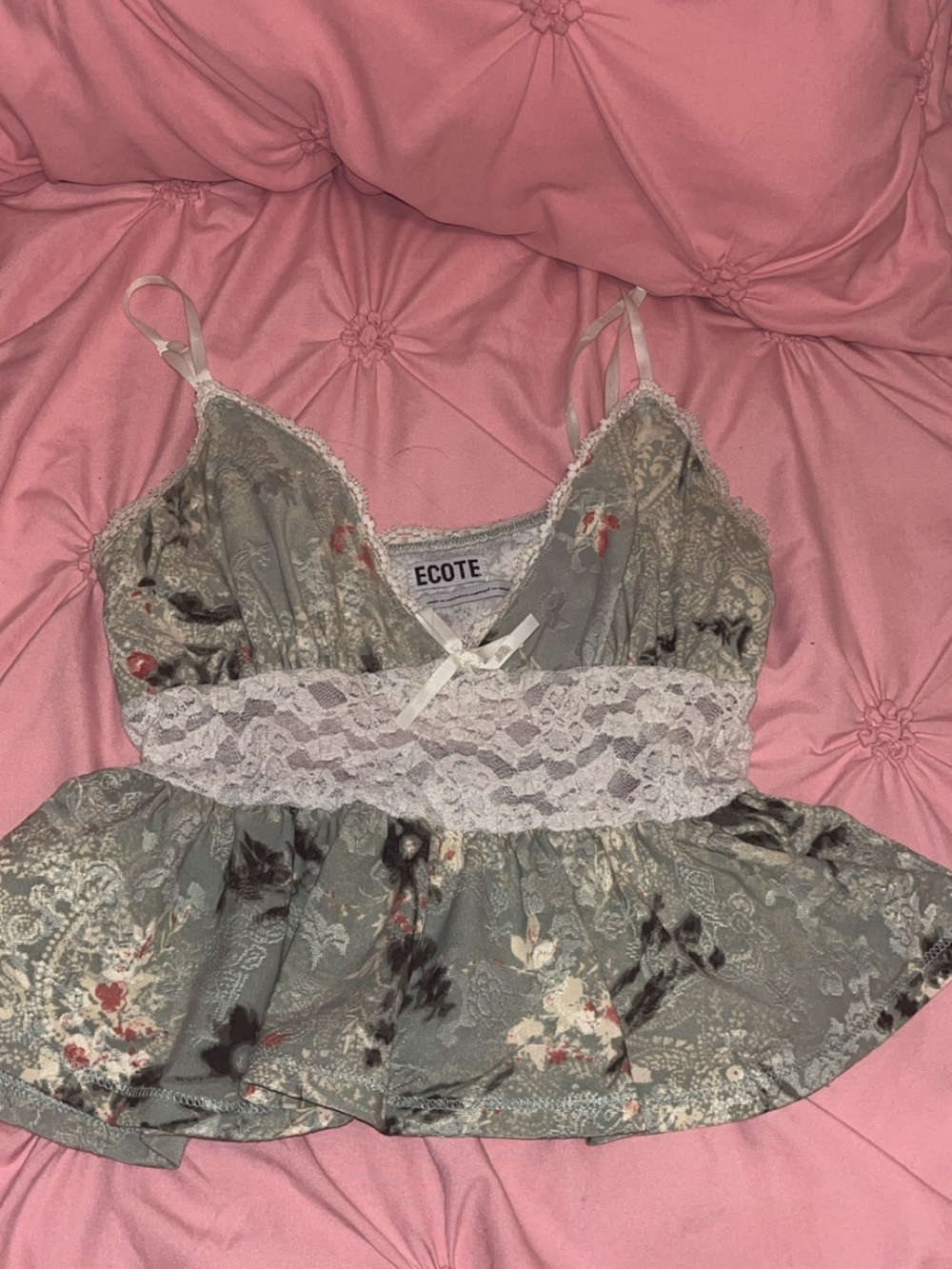 Ecote Floral Lace-Waist Satin Cami in Sage Green and Cream